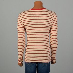 Small 1960s Ribbed Knit Henley Snap Front Stretch Horizontal Stripe - Fashionconservatory.com