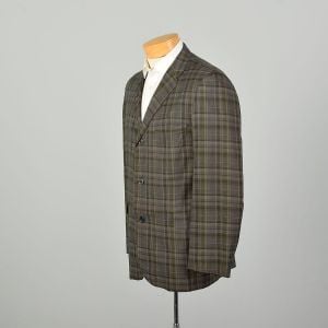 Large 1960s Green Plaid Blazer Two Front Buttons Skinny Lapel Wash n Wear Lightweight Sport Coat  - Fashionconservatory.com