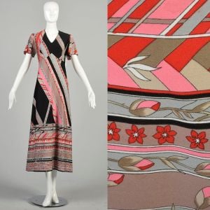 Large 1970s Red Black Geometric Dress Pink Gray Printed Knit Short Sleeve Empire Waist Midi Dress