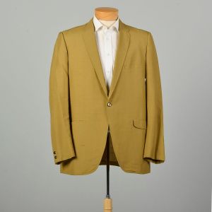 44L Large 1960s Gold Mustard Green Blazer Textured Lightweight Skinny Lapels One Button Jacket 