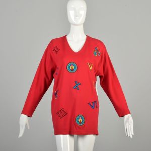 Medium 1990s Red Clocks Tshirt Novelty Long Sleeve Embroidered Roman Numerals Loose V Neck Pullover 