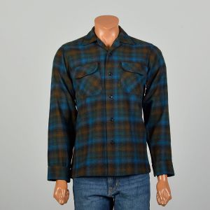 Medium 1960s Pendleton Shirt Button-up Roll Collar Blue Brown Plaid Wool 