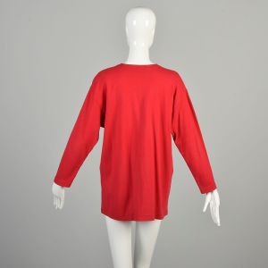 Medium 1990s Red Clocks Tshirt Novelty Long Sleeve Embroidered Roman Numerals Loose V Neck Pullover  - Fashionconservatory.com