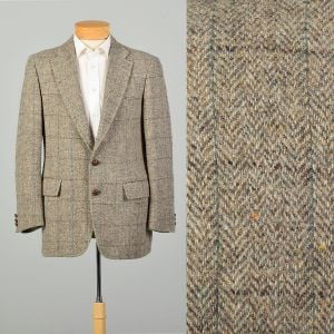 Medium 1960s Tan Harris Wool Tweed Blazer Two Front Buttons Long Sleeve Flecked Herringbone USA 