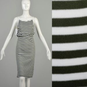 XS-S 1980s Green Stripe Dress Jersey Knit Sleeveless Elastic Waist Knee Length  DEADSTOCK 