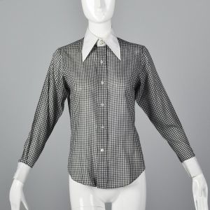 Small 1970s Black Gingham Plaid Blouse White Long Sleeve Shirt Pointed Collar