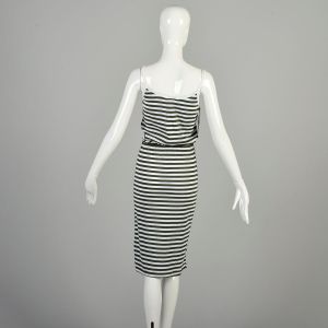 XS-S 1980s Green Stripe Dress Jersey Knit Sleeveless Elastic Waist Knee Length  DEADSTOCK  - Fashionconservatory.com