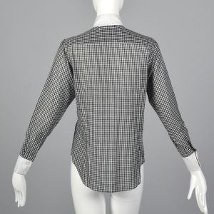 Small 1970s Black Gingham Plaid Blouse White Long Sleeve Shirt Pointed Collar - Fashionconservatory.com