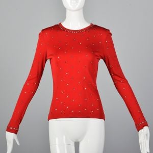 XS 1970s Red Top Long Sleeve Stretch Knit Rhinestone Shirt