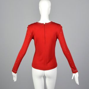 XS 1970s Red Top Long Sleeve Stretch Knit Rhinestone Shirt - Fashionconservatory.com