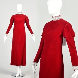 XS 1970s Red Velvet Dress Long Juliet Sleeve High Neck White Lace Trim Empire Waist Maxi Dress 