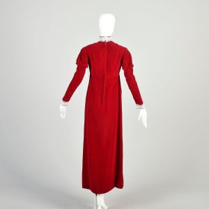 XS 1970s Red Velvet Dress Long Juliet Sleeve High Neck White Lace Trim Empire Waist Maxi Dress  - Fashionconservatory.com
