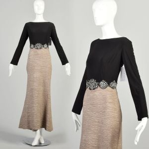 Large 2000s Black and Tan Dress Metallic Fortuny Texture Skirt Stretch Knit Bodice Bead Waist Maxi 