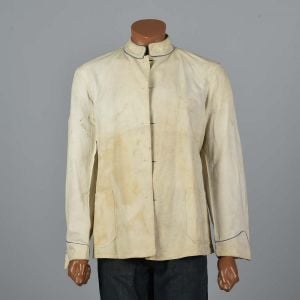 Medium 1950s Chef Jacket White Standing Collar Long Sleeve Patch Pockets Halloween Costume 