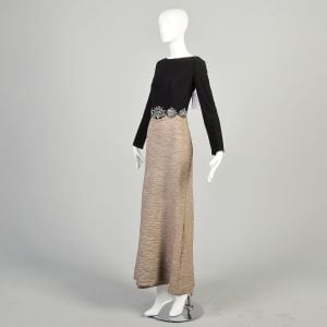Large 2000s Black and Tan Dress Metallic Fortuny Texture Skirt Stretch Knit Bodice Bead Waist Maxi  - Fashionconservatory.com