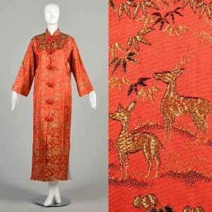 Medium 1990s Red and Gold Brocade Japanese Robe with Frog Closure Long Sleeved