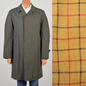 Large 1960s Gray Green Rain Coat with Yellow Plaid Lining 