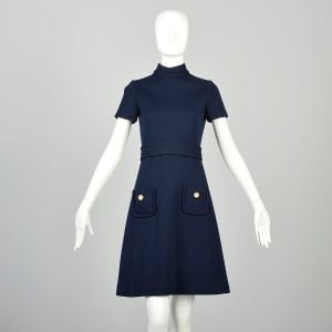 XXS 1970s Shift Dress Navy Blue Mod Minimalist Patch Pockets