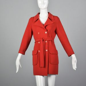 XS 1960s Coat Red Knit Cardigan Trench Patch Pockets Belted Warm Fall Jacket