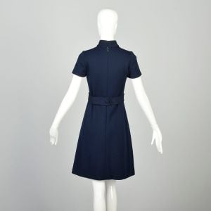 XXS 1970s Shift Dress Navy Blue Mod Minimalist Patch Pockets - Fashionconservatory.com