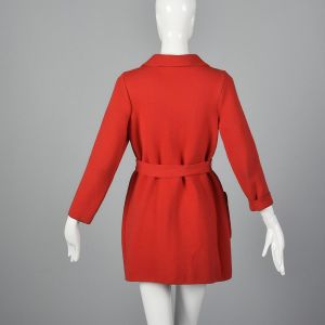 XS 1960s Coat Red Knit Cardigan Trench Patch Pockets Belted Warm Fall Jacket - Fashionconservatory.com