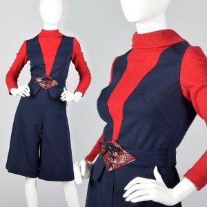 XS 1970s Navy Short Culottes Pants Matching Red Long Sleeve Turtleneck Peplum Top 