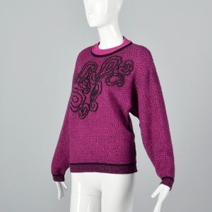 XL Purple Sweater 1980s Fuchsia and Black Beaded Pullover Long Sleeve Wool Blend Ribbed Knit Trim 