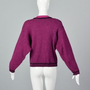 XL Purple Sweater 1980s Fuchsia and Black Beaded Pullover Long Sleeve Wool Blend Ribbed Knit Trim  - Fashionconservatory.com