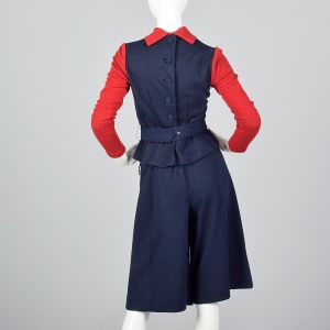 XS 1970s Navy Short Culottes Pants Matching Red Long Sleeve Turtleneck Peplum Top  - Fashionconservatory.com