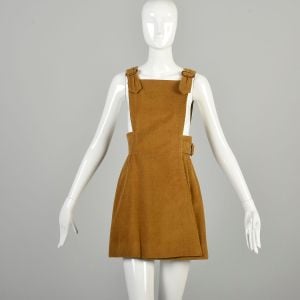 XS-S 1970s Tan Jumper Dress Trachten Brushed Corduroy Mustard Brown Micro Mini Mod Overall Dress 