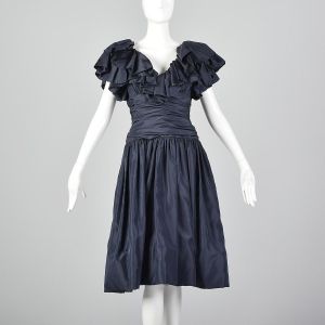 XS 1980s Morton Myles Navy Ruched Party Dress with Pink Peek-A-Boo Crinoline
