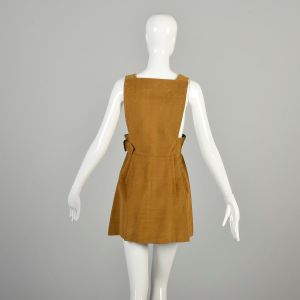 XS-S 1970s Tan Jumper Dress Trachten Brushed Corduroy Mustard Brown Micro Mini Mod Overall Dress  - Fashionconservatory.com