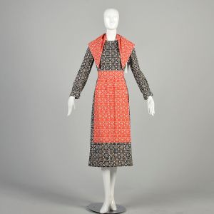 Medium 1970s Navy Red Dress Scarf Set Pockets Rhinestone Cottagecore Floral Faux Apron Long Sleeve - Fashionconservatory.com