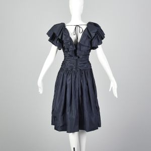 XS 1980s Morton Myles Navy Ruched Party Dress with Pink Peek-A-Boo Crinoline - Fashionconservatory.com