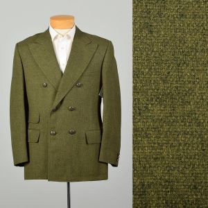 L-XL 1970s Green Tweed Blazer Double Breasted Ticket Pocket Wide Lapel Sport Coat Jacket 