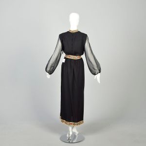 Large 1970s Two Piece Maxi Skirt Ensemble Hippie Blouse Sheer Bishop Sleeve - Fashionconservatory.com