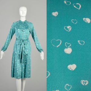 Small 1970s Halson V Teal Hearts Blouse Top Belt Skirt Set Flowy Polyester Knit Two Piece Outfit 