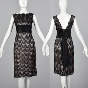 XS 1950s Holiday New Years Black Lace Pencil Dress Pink Silver Lurex Low Back Cocktail Party