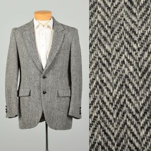 Medium 1980s Gray and Black Wool Two Button Herringbone Blazer by Harris Tweed 40R Jacket 
