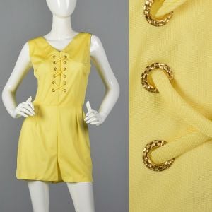 Large 1970s Yellow Romper Lace Front Silky Playsuit 