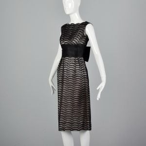 XS 1950s Holiday New Years Black Lace Pencil Dress Pink Silver Lurex Low Back Cocktail Party - Fashionconservatory.com