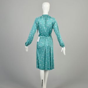 Small 1970s Halson V Teal Hearts Blouse Top Belt Skirt Set Flowy Polyester Knit Two Piece Outfit  - Fashionconservatory.com