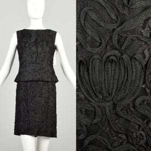Medium 1960s Black Dress Top Set Lace Ribbon Soutache Textured Sleeveless Shell Layering Outfit 