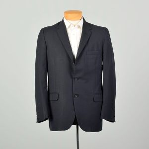 Medium 1960s Dark Navy Blazer Three Button Jacket Front Flap Pockets Partially Lined