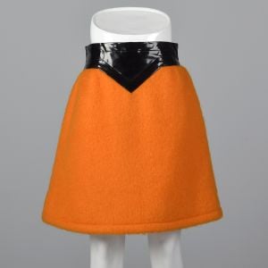 Iconic 1960s Pierre Cardin Space Age Mod Orange Mohair Mini Skirt Wide Black Vinyl Waistband