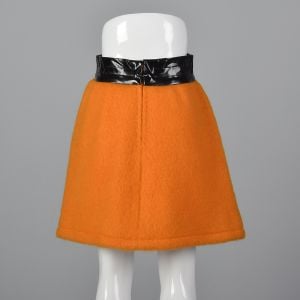 Iconic 1960s Pierre Cardin Space Age Mod Orange Mohair Mini Skirt Wide Black Vinyl Waistband - Fashionconservatory.com