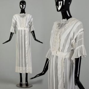 Small 1910s Edwardian Lawn Dress Cotton Summer Lace