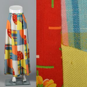 Small 1970s Maxi Skirt Quilted Red Blue Yellow Orange Long Flowy Hippie Skirt