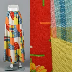 Small 1970s Patchwork Skirt Mountain Artisans Quilted Colorful Yellow Blue Multicolor Maxi Skirt 