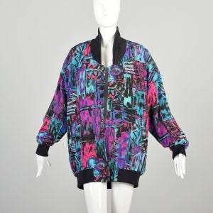 XL 1990s Abstract Teal Purple Pink Jacket Ribbed Knit Collar Silky Polyester Oversized Windbreaker 
